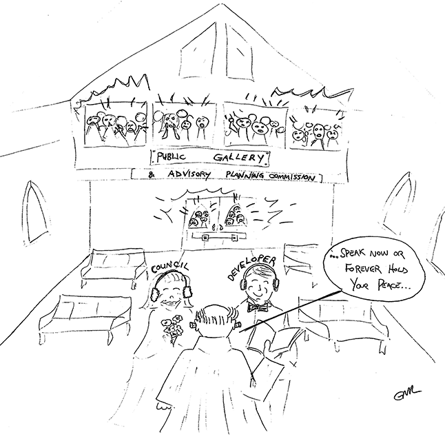 Gilles Lussier spoke at the Public Hearing and, ultimately, also produced this cartoon take on the proccedings and their outcome. Gilles Lussier cartoon