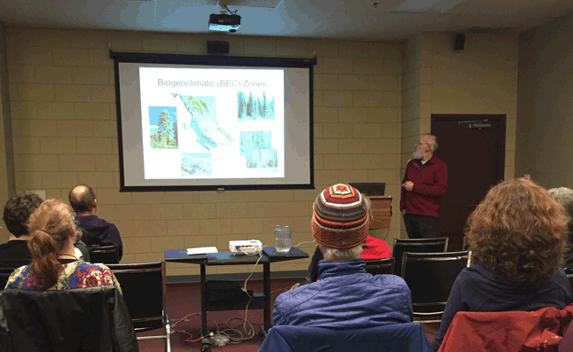 Greg Utzig of Kutenai Nature Investigations talks to a small crowd at the Community Centre on Thursday, March 10, about the latest evidence that climate change is real and is affecting our region. The effects, he said will become even more pronounced as time passes. David F. Rooney photo