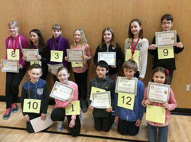 And here are this year's top spellers! Front row: Donny Robichaud, Rylee Rosenberger, Bence Berkenbosch, Aiden Hill (4th place) and Emily Hunt Back row: Sara Supinen and Kalyn Gale (tied for 1st place), Zoe Larson, Maeve MacLeod, Adelaide Dunkerson, Sonia Rosenberger (3rd place) and Joe Bailey. Eleanor Wilson photo 