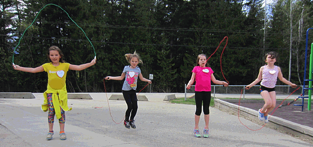 Emma Mair, Krystina Portras, Natalia Morrone and Abbey Malone were three of the young girls participating in the Arrow Heights Jump Rope for Heart event last Friday, April 15. Todd Hicks photo. Caption by Emily MacLeod and Amelie Delesalle