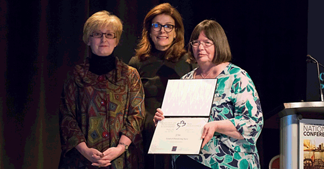 The Revelstoke Museum and Archives has won a national award for its Land of Thundering Snow exhibition. Museum curator Cathy English was in Halifax on April 13 to accept the Outstanding Achievement for a Science Exhibition award from the Canadian Museums Association on behalf of the project team and partners. Here, she poses (right) with Canadian Museums Association director Karen Bachmann and president Manon Blanchette at the Canadian Museum of Immigration, Pier 21, Halifax. Tim Collin photo courtesy of the Canadian Museums Association