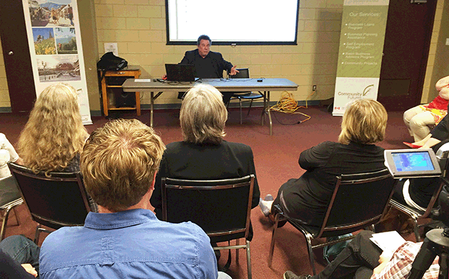 Mark Holgmren, executive director of Vibrant Communities Canada and executive director of the Tamarack Institute talks to a small crowd of people at the Community Centre on Wednesday evening, May 18, about some of the negative trends affecting Canada's spcoa; and economic development. Please activate the YouTube player below to watch his one-hour talk. David F. Rooney photo