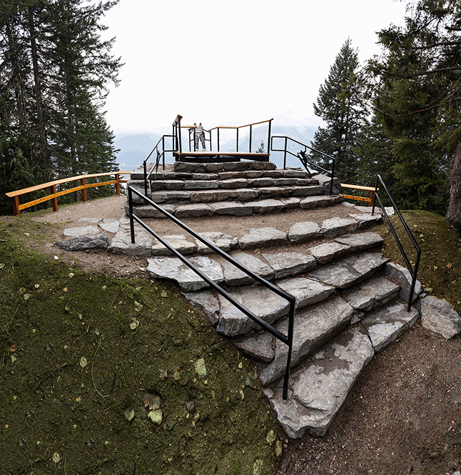 Here’s the newly built platform for the Nels Nelsen interactive exhibit above the ski jump. Rob Buchanan photo courtesy of Parks Canada