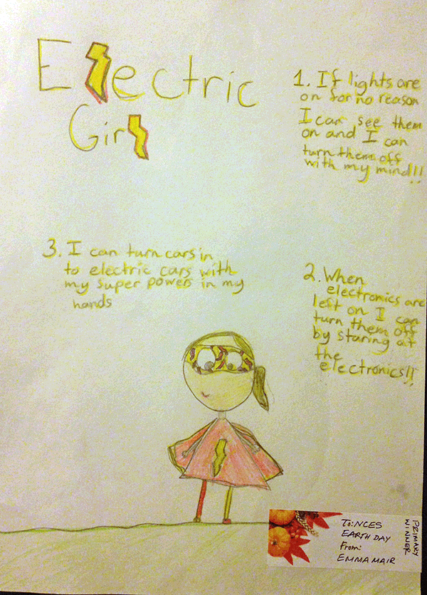 Electric Girl is the primary winner, contributed by AHE Grade 3 student Emma Mair. Drawing courtesy of the North Columbia Environmental Society