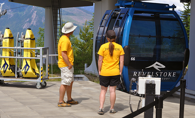 Revelstoke Mountain Resort unveiled its latest attraction on Friday, May 20: The Mountain Coaster a kind of self-directed gravity ride. Staff welcome riders stepping of the gondola at the mind-mountain lodge. David F. Rooney photo 