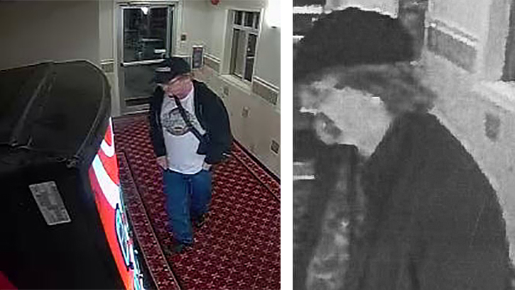 Revelstoke RCMP and Crime Stoppers are asking for the public’s help in identifying a man suspected of breaking into a vending machine at the Days Inn and stealing the money inside. Video surveillance photos courtesy of the Revelstoke RCMP 