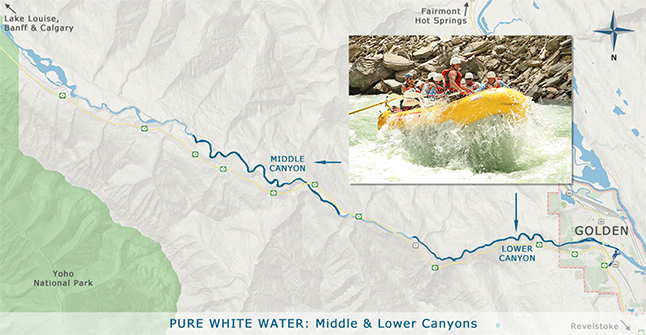Forced into a stalemate with the CPR, which continues to refuse them access to a key part of the Kicking Horse River’s Lower Canyon, Golden rafting companies have come up with a bright idea: heli-rafting expeditions. This map shows where the helicopter route goes, with the rafting occurring in the Lower Canyon. Photo courtesy of: Glacier Raft Company
