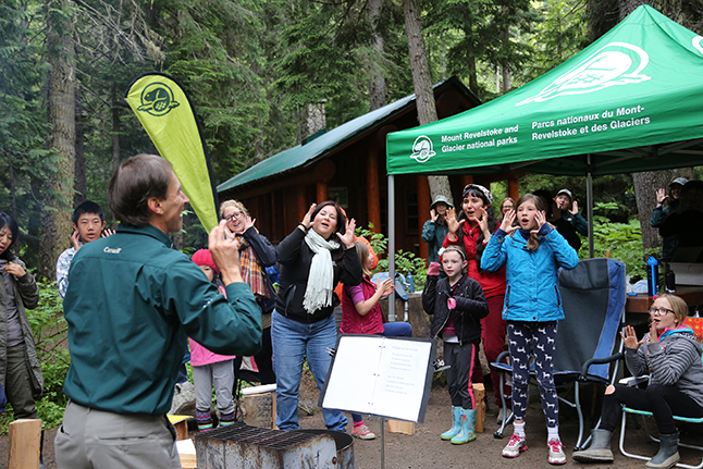 Learn-to Camp participants learned about the history of Rogers Pass through campfire songs and storytelling. Parks Canada photo 