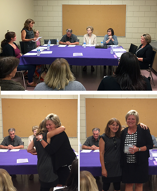 After 14 years ensuring that the Women's Shelter was ticking along smoothly, Nellie Richardson has called it a day. Her successor, Lynn Loeppky (top), announced Nellie's retirement and thanked her profusely for a job well done. Then (bottom two images) she presented she gave a Nelli a heartfelt hug then presented her with a gift on behalf of the board. David F. Rooney photo combination