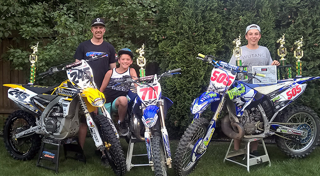 Three of Revelstoke’s Revy Riders Club members once again made it to the BC Motocross racing podium. Dirt bikers Skyller Archer, Seth Chevrier and Wyatt Poitras finished up the Six-round MCQMX southern race series this past weekend in Quesnel. Photo courtesy of Joel Chevrier