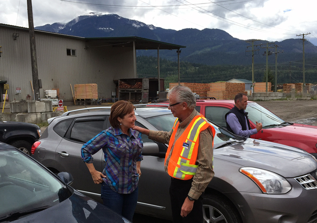 Premier Christy Clark was greeted at Downie Timber by Doug Clovechok, the BC Liberals' candidate in next year's general election. David F. Rooney photo