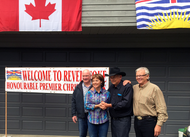 McKee, who ran for the party in 2009, Bernacki and Clovechok pose with the premier by one of several signs Peter erected at his home where BC Liberals and their sympathizers gathered on Wednesday evening to meet Christy Clark. David F. Rooney photo