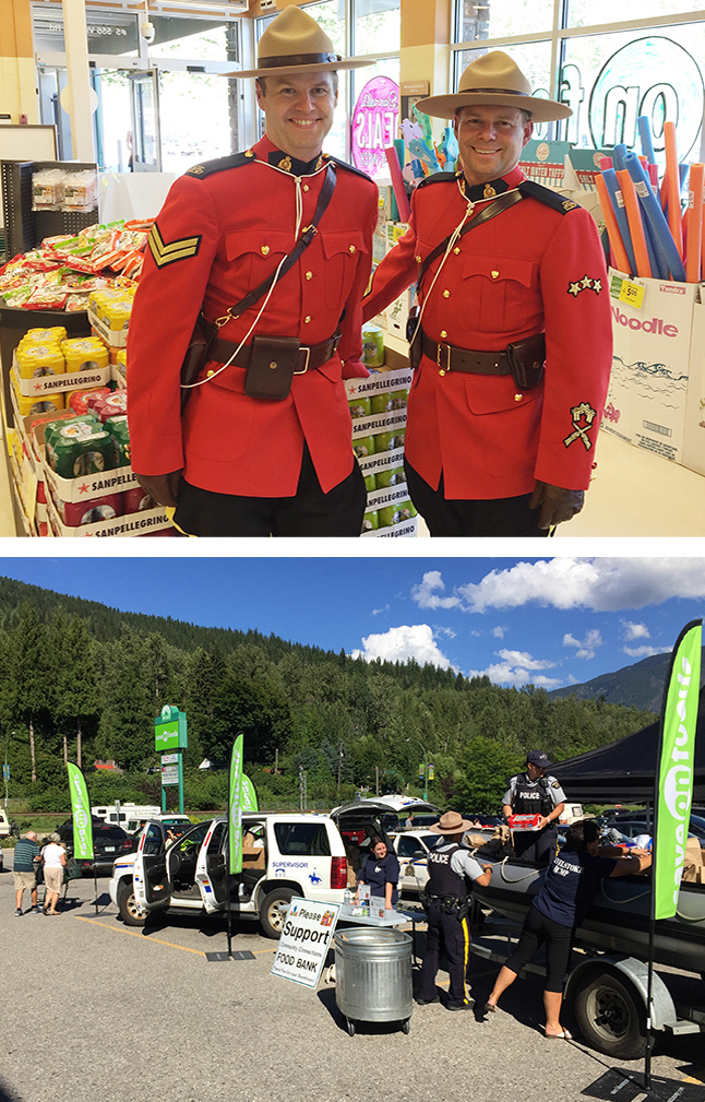 Corporal Mike Esson and Staff Sgt. Kurt Grabinsky donned their red serge dress uniforms for the RCMP detachment’s Fill The Cruiser Food Drive at Save On Foods on the afternoon of Thursday, July 21. All told, the Mounties collected 1,085 lbs of food and $410 in financial contributions. In fact, they not only filled the cruiser, but the inflatable boat it was towing. “The supermarket prepared 75 food bags valued at $5 each and they all sold,” Patti Larson told The Current. “It was a successful day with a wide variety of food items donated.” David F. Rooney photos