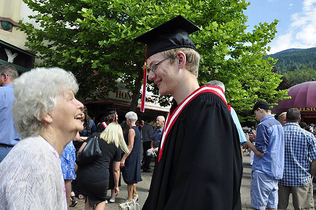 Muriel Gallicano was obviously very proud of her grandson, Darren Gallicano, before he marched dwn MacKenzie Avenue with his classmates who graduated from Revelstoke Secondary School on Friday, June 30. Zoe Knuff photo