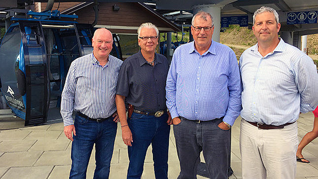 Steve Thomson, minister of Forests, Lands and Natural Resources, (second from the right) poses with Mayor Mark McKee, BC Liberal candidate Doug Clovechok and Adventure Park Developer Jason Roe during a visit to RMR last Wednesday, July 20. Photo courtesy of Mark McKee