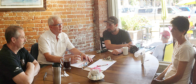 MP Wayne Stetski was in town Thursday afternoon to gather constituents’ views regarding potential electoral changes. Three people — Alan Polster, Perter Worden and Virginia Thompson met the New Democratic Party MP at Conversations to talk about electoral reform. David F. Rooney photo