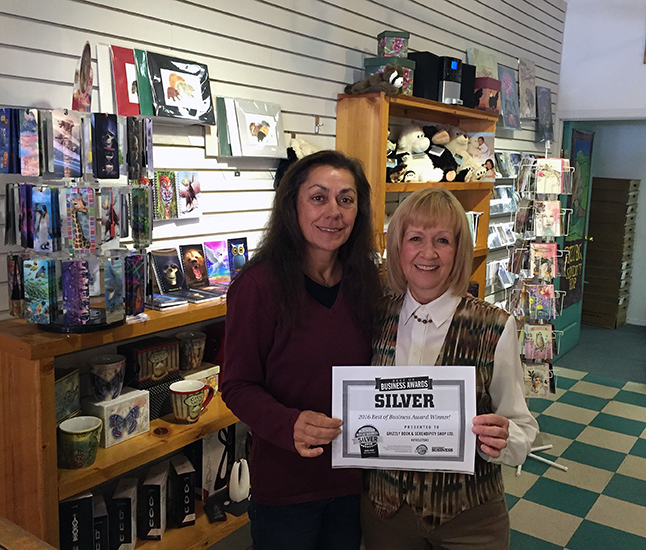 Grizzly Books proprietor Vanessa Smith and Linda Anderson pose with a copy of silver certificate that was recently presented to the shop. It was voted the second best business in the Kootenays during the Kooteny Business magazine's annual Best of Business awards. "It's very exciting," Vanessa said. "I'm very proud of the shop. Obviously, an awful lot of our customers are recognizing us by voting for us." Sales rep Linda Anderson noted that "the strength of our overall business community is due to the strength of our individual businesses." Bravo, ladies! David F. Rooney photo