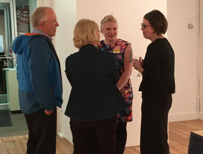 Victoria Strange, the Visual Arts Centre's new executive director (right), chats with John and Marcia Woods and with Jewelles Smith at the opening. Laura Stovel photo