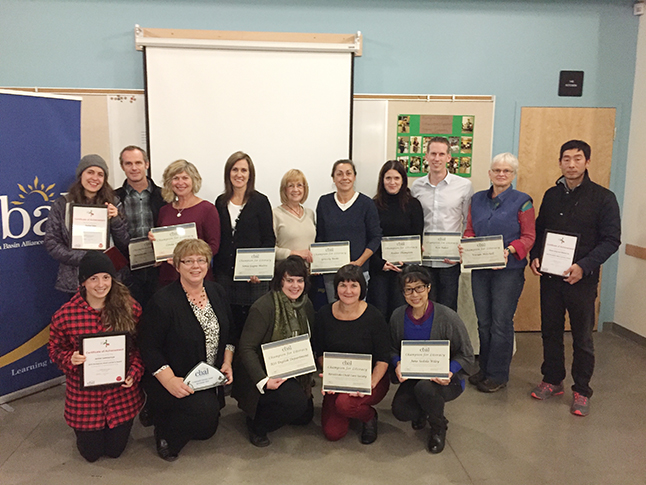 Do you recognize these happy faces? They're smiling because they have all been honoured as Champions of Literacy by the Columbia Basin Alliance for Literacy. These selfless volunteers give up their time to assist children and adults learn how to read or promote literacy in some fashion They were honoured for their efforts during a brief ceremony at Begbie View Elementary School on Thursday evening. The Champions of Literacy nominees were: Amber Thompson, Eileen Harris, June Sedola-Wiley, Grizzly Books Vanessa Smith and Linda Anderson, Ken Baker, Linda Chell, Linda Dickson, Sonia Gagne-Maitre, the Revelstoke Child Care Society, Revelstoke Credit Union, Revelstoke Senior Secondary English Department represented by Tessa Davis, Sandman Inn, Simone Palmer, and Vivian Mitchel. The Champion of Literacy award went to Linda Chell. The Adult Learners were Rachel Dion, Marilyn Salmon, Maimi Im and Steve Jung, Jenise Lamoureux and Gerri Alsemgeest. The adult learner awards were presented by the Okanagan College. David F. Rooney photo