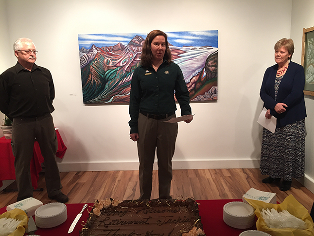 Allison Fleischer of Parks Canada Opens this year's Art in the Park exhibition as Visual Arts Society Chairman Ken Talbot (left) and outgoing Executive Director Jackie Pendergast look on. Fleischer praised Jackie for her work over the years organizing and promoting the annual show. David F. Rooney photo